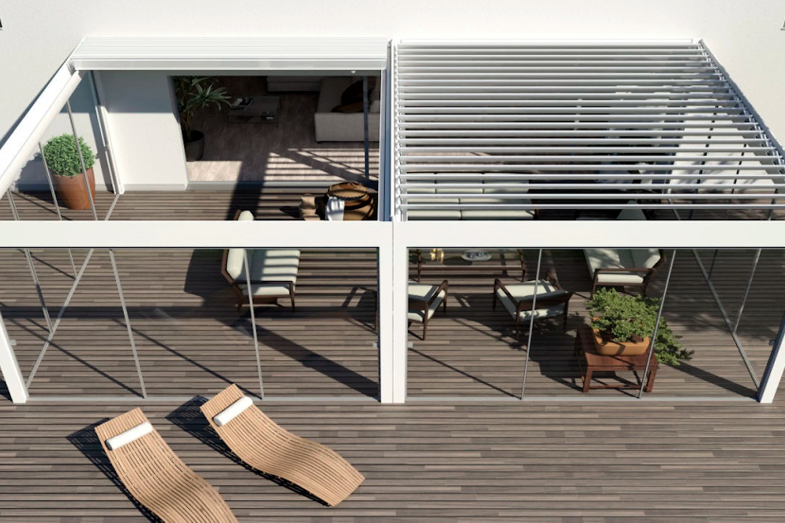 Vista superior de pérgola retráctil con una mitad recogida y la otra extendida